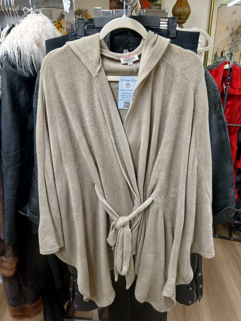 ANDREE BY UNIT Taupe Hooded Knit Wrap with Tie Belt